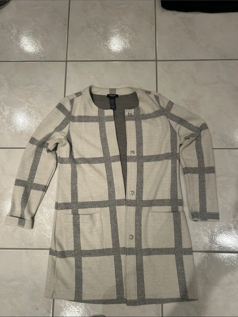 OLSEN- Plaid Long Open-Front Cardigan Sweater - Cream/Gray